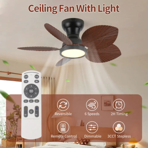 Yunstore Coveview Tropical-Style 30-Inch Ceiling Fan - 6-Speed Settings with palm-leaf blades and remote control.