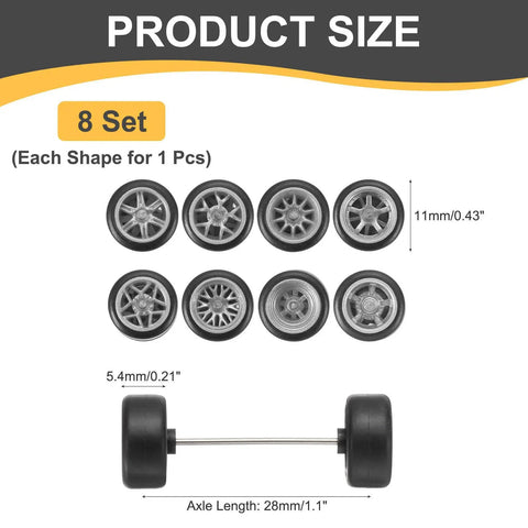 8 Piece 1 64th Scale Wheels And Tires Set With Real Riders Rims And Axles For RC Diecast Cars And DIY Models, displayed size.