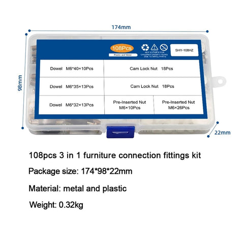 3 In 1 Furniture Connecting Kit With 108 Piece Box Eccentric Wheels And Cam Lock Screws For Cabinets And Desks heavy duty