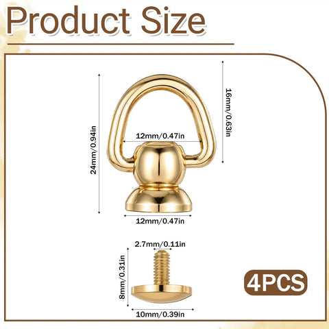Top Shelf Gold Brass D Rings For Purse 4 Pack With Screw Back Rotatable Strap Hardware Absolutely Solid Build, size dimensions shown.