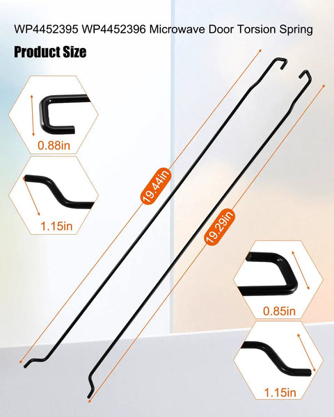 Microwave Door Torsion Spring Kit For Left And Right Hinges Fix That Wobbly Door Get Smooth Open Close Rebuild Tension For Whirlpool KitchenAid Microwave Hinge 4452395 4452396 showing product size.