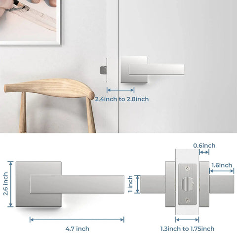 Close-up of Six Piece Polished Chrome Door Handles Set For Interior Doors, includes dimensions and sleek modern look.
