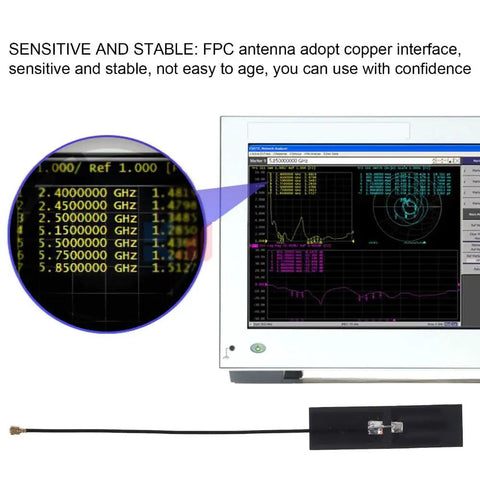 Computer display showing Dual Band FPC Antenna For WiFi 2.4G/5.8GHz test results, with copper interface and IPEX connector