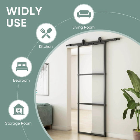 Clear Tempered Glass Barn Door 36 Inch By 84 Inch With Carbon Steel Frame Pre Drilled Panel Sliding Door Kit in a living space.