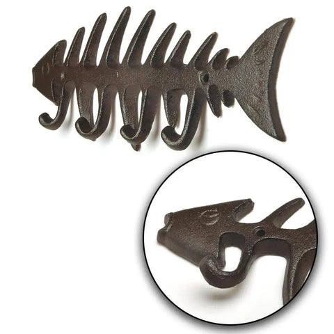 Handcrafted Cast Iron Fish Bone Wall Hooks Vintage Coastal Coat Rack And Entryway Key Holder With Mounting Screws Solid As A Rock Beach House Essentials, 13x4 inches, black metal.
