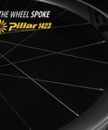 Close-up of Beefy 60mm Deep Carbon Wheelset with Pillar 1423 spokes for 700c road bikes in black.