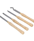 Premium 4 Piece Lathe Turning Tool Set For Woodworking Crafters Made From Heavy Duty Hard Alloy Steel, 4 carving tools with wooden handles.
