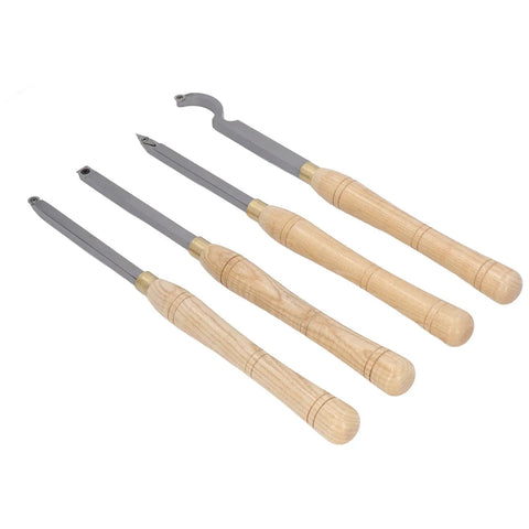 Premium 4 Piece Lathe Turning Tool Set For Woodworking Crafters Made From Heavy Duty Hard Alloy Steel, 4 carving tools with wooden handles.
