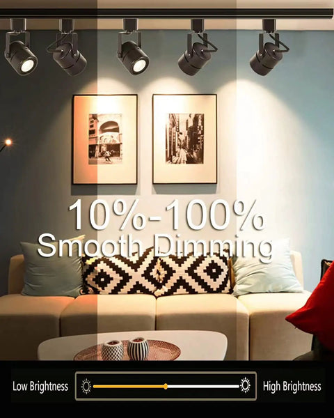 Living room with Hella Bright 10W H Track Lighting Heads 3000K Warm White Dimmable LED Track Lights, emphasizing dimming feature.