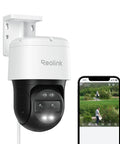 PTZ 4K PoE Security Camera System with dual lens 360 camera and smartphone display; outdoor wall mount setup.