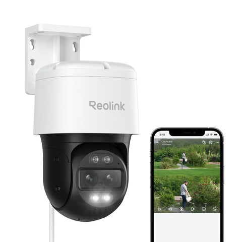 PTZ 4K PoE Security Camera System with dual lens 360 camera and smartphone display; outdoor wall mount setup.