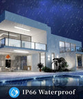 Modern house at night with Bright 5000K LED Ceiling Light Fixture IP66 Waterproof 4ft inside, visible through windows.