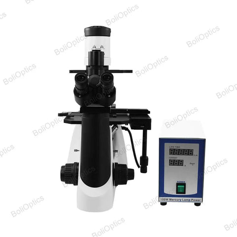 100X-400X Inverted Fluorescence Microscope With Trinocular Head And Dual Illumination Pro-Grade Lab Microscope For Biological Imaging And Cellular Work HM FM03030303, front view with lamp unit