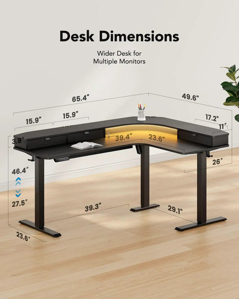 65 Inch L Shaped Standing Desk With Power Outlets And LED Strip, Electric Height Adjustable Corner Computer Desk For Home Office, Sit Stand Up Desk With Three Drawers, Black showing dimensions and details.