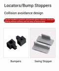 Image of bumpers and swing stopper, black and gray, for glass door collision avoidance. Includes text on collision avoidance design.