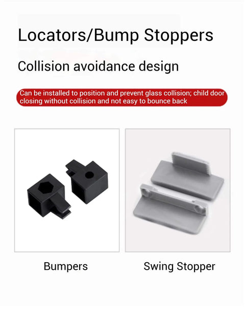 Image of bumpers and swing stopper, black and gray, for glass door collision avoidance. Includes text on collision avoidance design.