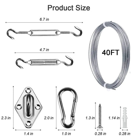 All In One Sun Shade Hardware Kit For Rectangle And Square Sails With 5 Inch Heavy Duty Anti Rust Stainless Steel Marine Grade 304 Components Include 50 Ft Cable Wires And Adjustable Turnbuckles For Easy Pro Installation showing components and dimensions