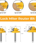45 Degree Lock Miter Router Bit Set Three Piece Kit With One Quarter Inch Shank For Woodworking Create Strong Lock Miter Joints In Wood Cutting Heights One Half Five Eighths And Three Quarters Inch Carbide Alloy Steel shown with size dimensions