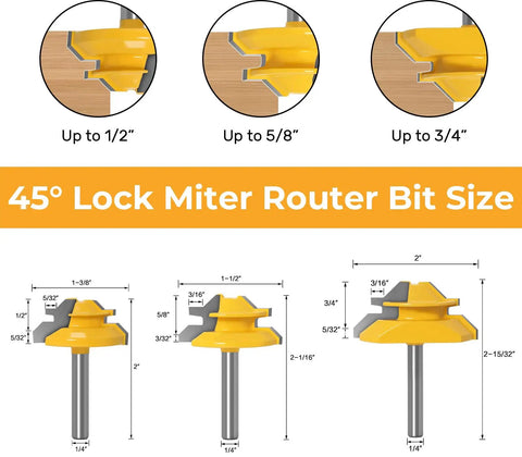 45 Degree Lock Miter Router Bit Set Three Piece Kit With One Quarter Inch Shank For Woodworking Create Strong Lock Miter Joints In Wood Cutting Heights One Half Five Eighths And Three Quarters Inch Carbide Alloy Steel shown with size dimensions