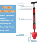 Heavy Duty Toilet Plunger And Brush Set With High Pressure Air Blast Design Plus Three Piece Drain Snake Kit For Clogged Bathroom Pipes And Sink Hair Blockages To Get The Job Done With No Sweat, stainless steel plunger, orange-red color.