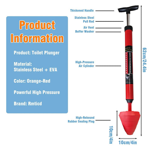 Heavy Duty Toilet Plunger And Brush Set With High Pressure Air Blast Design Plus Three Piece Drain Snake Kit For Clogged Bathroom Pipes And Sink Hair Blockages To Get The Job Done With No Sweat, stainless steel plunger, orange-red color.