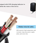 Chill Out Ac Dc Power Adapter showing thicker wires for safety, LED charging indicator, and ABS material for durability.