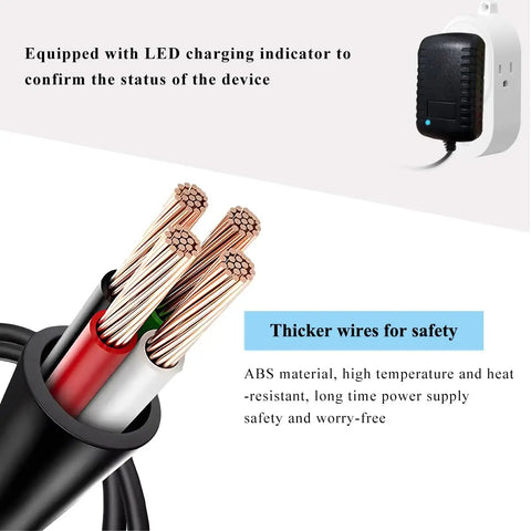 Chill Out Ac Dc Power Adapter showing thicker wires for safety, LED charging indicator, and ABS material for durability.