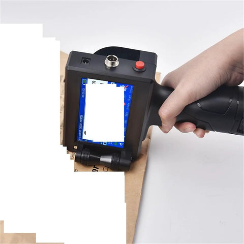 Portable Inkjet Label Printer With 12.7mm Tape Roll in use, printing text on brown paper, compact handheld design for easy handling.