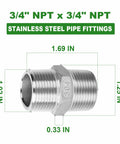5 Piece Cast 304 Stainless Steel Hex Nipples Set For Pipe Fittings Three Quarter Inch Male To Three Quarter Inch Male NPT shown with dimensions