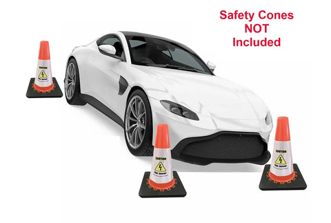 Shop Certified Reflective Traffic Safety Cone Collar Kit For EV Repairs And High Voltage Warning Systems Keeps Your Crew Safe On The Lot With A No Nonsense Three Pack, displayed with a car.