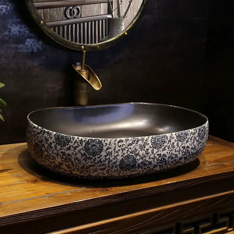 USZWBY Vessel Sinks Bathroom Vessel Sink Creative Ceramic Washbasin Retro Art Countertop Basin with floral design.