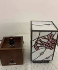 Cherry Blossom Tiffany Style Stained Glass Accent Table Lamp Night Light With USB Ports Wood Cube Base detached view