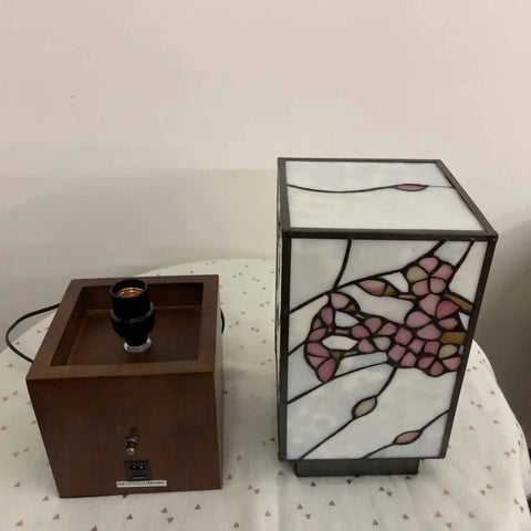 Cherry Blossom Tiffany Style Stained Glass Accent Table Lamp Night Light With USB Ports Wood Cube Base detached view