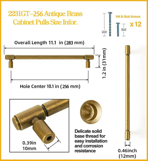Size details of Six Pack Antique Brass Drawer Pulls For Kitchen Cabinets And Dressers, Zinc Alloy Cabinet Hardware, 10.08 Inch Center-To-Center Vintage Brass Bar Pulls, Solid Dresser Handles, Slick Upgrade.