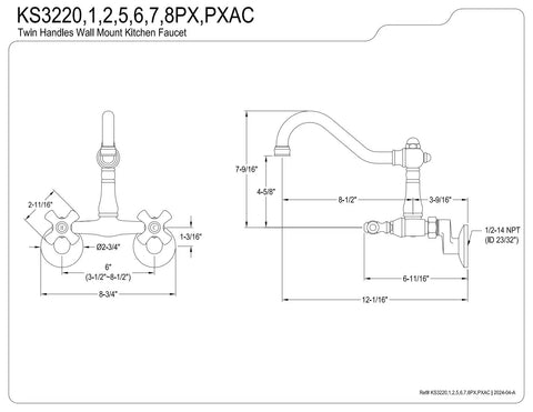 Diagram of Old School Vintage Wall Mount Kitchen Faucet With Adjustable Center Spacing From Three And A Half To Eight And A Half Inches, Polished Chrome, Solid Brass, Drip Free Ceramic Disc Cartridge, 1.8 GPM At Sixty PSI, One Half Inch NPT Inlet.