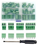 40 Piece 5.08mm Pitch PCB Terminal Block Set With 2 Pin 3 Pin 4 Pin And 5 Pin Plug In Screw Terminals 0.2 Inch Pitch Vertical Female Socket Kit For Electronics Projects And Panel Mounting No Fuss displayed in a case with a screwdriver.