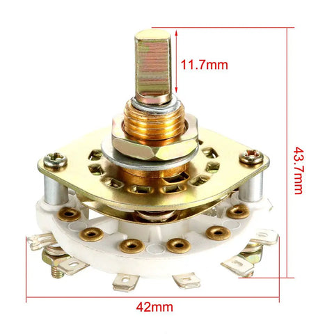Band Selector Rotary Switch 1 Pole 7 Position With Knob For Panel Mount, 8 Pin, 9.7mm Mount Hole, 6mm Shaft, shown with measurements