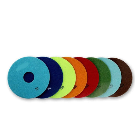 The New 3pc 6 Inch Diamond Polishing Pads For Granite Marble Concrete Grinding Dry Use Flexible Abrasive Wheels To Get High Gloss Shine Fast Without Dye Or Damage On Stones in various colors.