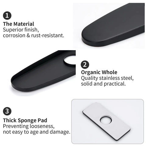 Slick Black Stainless Steel Faucet Cover Plate Three Hole Sink Escutcheon showing material details and features.