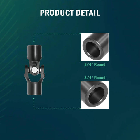 Beefed Up Three Quarters Inch Round To Three Quarters Inch Round Universal U Joint For Steering Shaft Black Finish 93 Mm Total Length close-up of 3/4-inch round ends