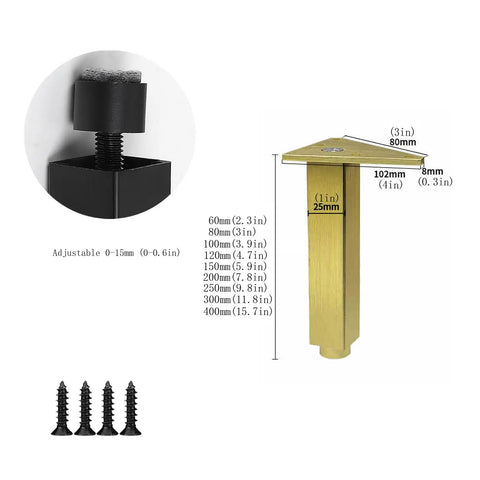 Dimensions of brushed gold adjustable furniture legs with screws, showing 300mm aluminum alloy replacement feet details.