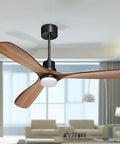 60 Inch Ceiling Fan With Light And Remote, walnut wood blades, matte black finish, ideal for modern living rooms.