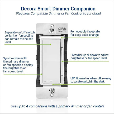 Decora Smart Dimmer Switch Companion featuring adjustable controls, LED indicator, and removable faceplate, in white finish.
