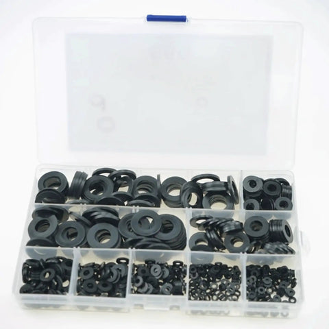 Heavy Duty Nylon Flat Washers Kit 580 Pcs With 9 Sizes M2 Through M12 Gasket Shims Round Fasteners Set For Screws And Bolts Perfect For DIY Projects Today, assorted black washers in case