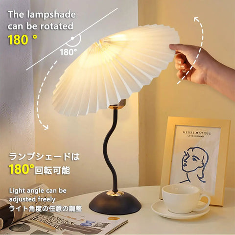 Harp Folding Lamp Set Two Pieces, Modern Umbrella Pleated Desk Lamp With White Shade, Beige PVC, Iron Base, adjustable 180-degree angle