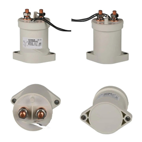 Pro Grade DC Contactor Relay Switch Built For Tough EV Chargers Featuring One NC 110V Coil Plus Multi Voltage Flex Up To 72V, shown in four angles.
