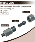 Exploded view of M9 Threaded Collet Adapter for M12 Polishers and Sanders with dual collets and locking nut.