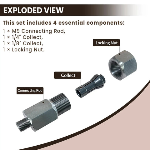 Exploded view of M9 Threaded Collet Adapter for M12 Polishers and Sanders with dual collets and locking nut.