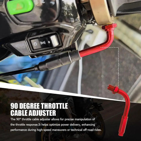 Rock Solid 90 Degree Throttle Cable Adjuster For Dirt Bikes And Street Motorcycles Slick Aluminum Alloy twist grip regulator shown in red.