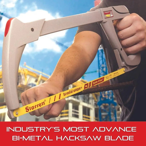 Worker using Bi Metal Safe Flex Hand Hacksaw Blade 12 Inch Long 1/2 Inch Wide 0.024 Inch Thick 24 TPI on construction site
